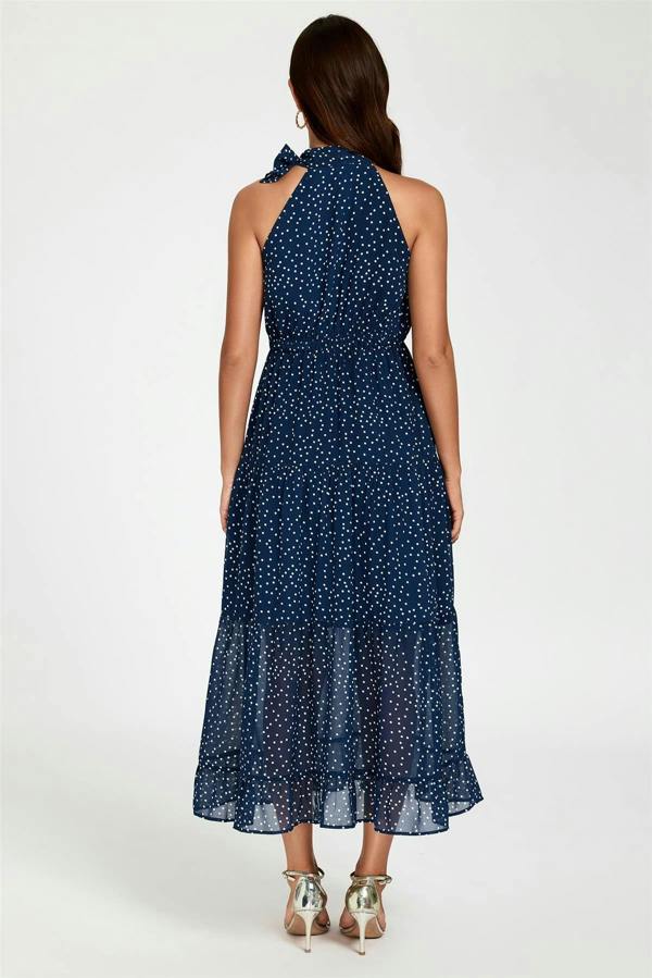 FS Collection Dot Print Halter Neck Maxi Dress In Navy