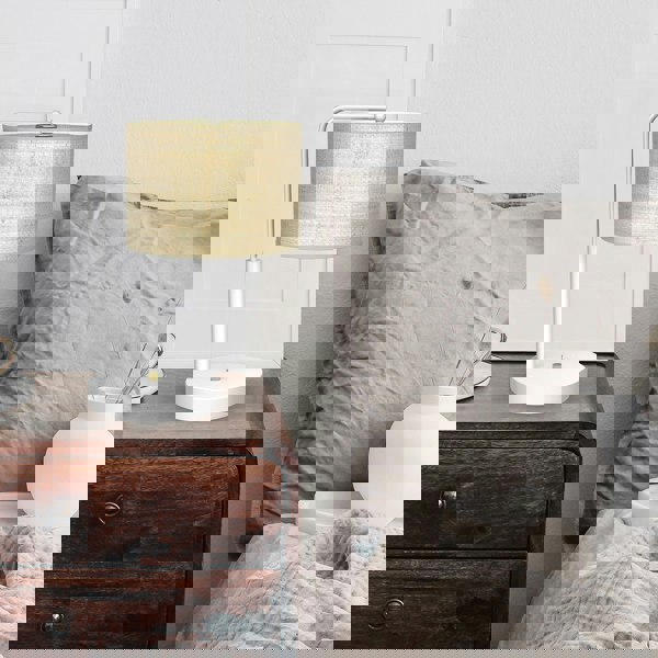 Milagro Marshall Hand Made Designer Table Lamp In Matt White Metal And Natural Rattan Coloured Fabric