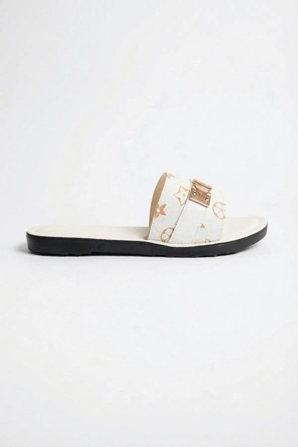 Amber Patterned Slider Sandals - White_wb