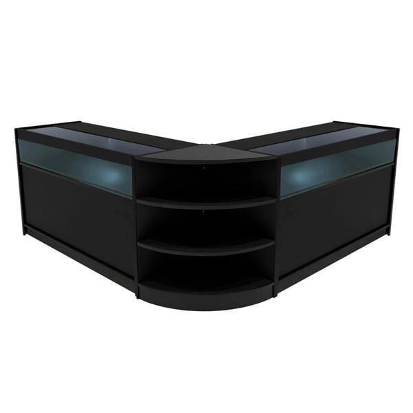 Theseus LED shop counter set in sleek black features a modern design with glass display tops and curved shelving for optimal visibility