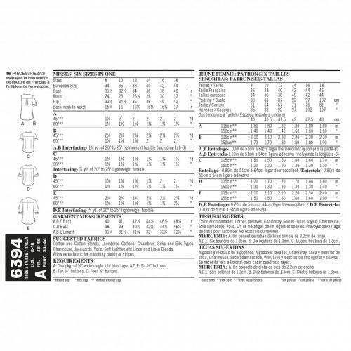 New Look Sewing Pattern 6394, Shirts, Tops for Women, A (8-10-12-14-16-18) - Intermediate