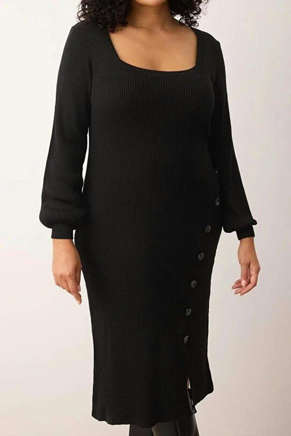 WOVCOR Button Detail Slit Knit Dress