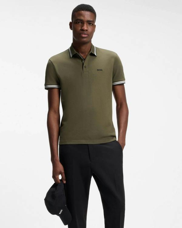 BOSS Green Paddy Mens Cotton-Piqué Polo Shirt with Contrast Logo - Open Green 398
