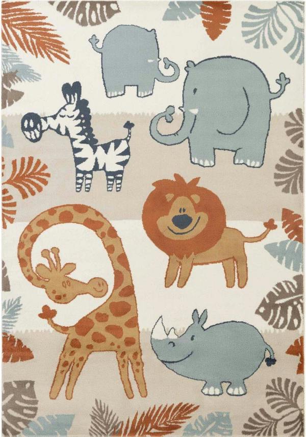 Children's rug with cartoon animals including a giraffe, lion, zebra, and rhino on a patterned background.