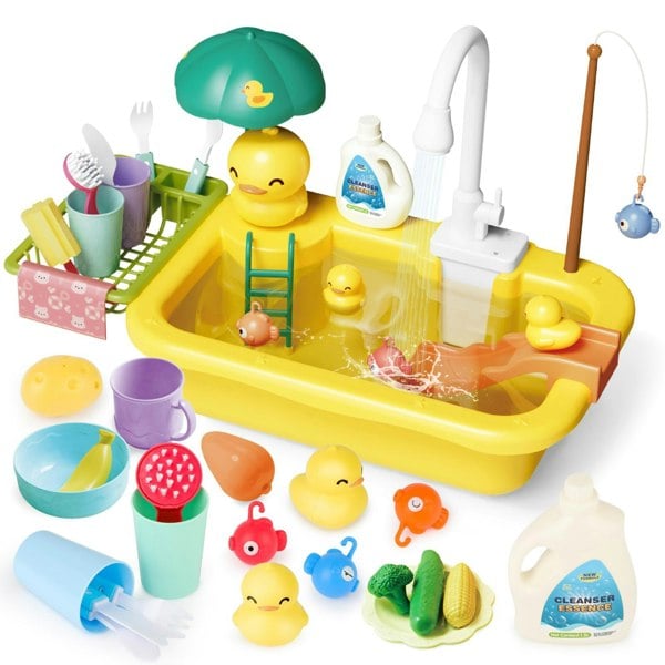 deAO Toys Kids Kitchen Toy Set – Duck Sink with Water, Dishwashing Playset & Accessories. Fun Role-Play Gift for Children