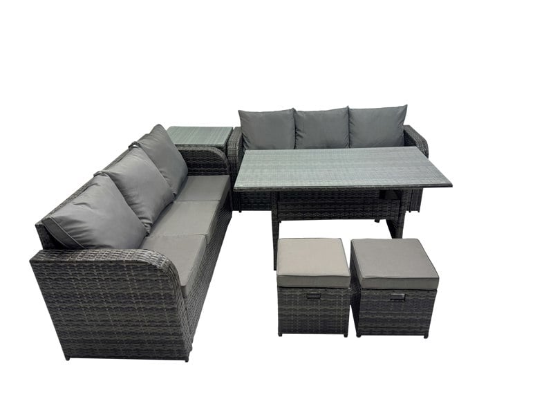 Fimous 8 Seat Outdoor Wicker PE Rattan Garden Furniture Set Dining Table Sofa Set with Side Table 2 Small Stools Dark Grey Mixed