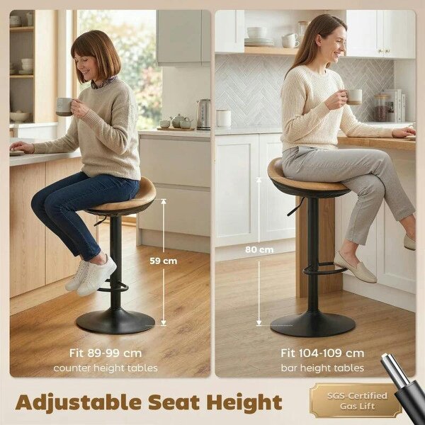 Set of 2 Barstools PU Leather Kitchen Stools with Saddle Seat Height Adjustable Swivel Kitchen Chairs with Footrest Oak