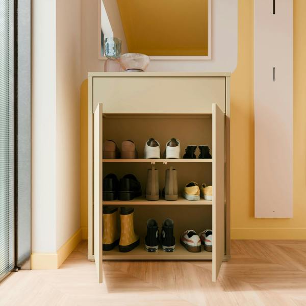 Furniture To Go Alice Springs Compact Shoe Cabinet with 2 Doors Push-to-Open & 1 Drawer Push-to-Open in Butter Yellow