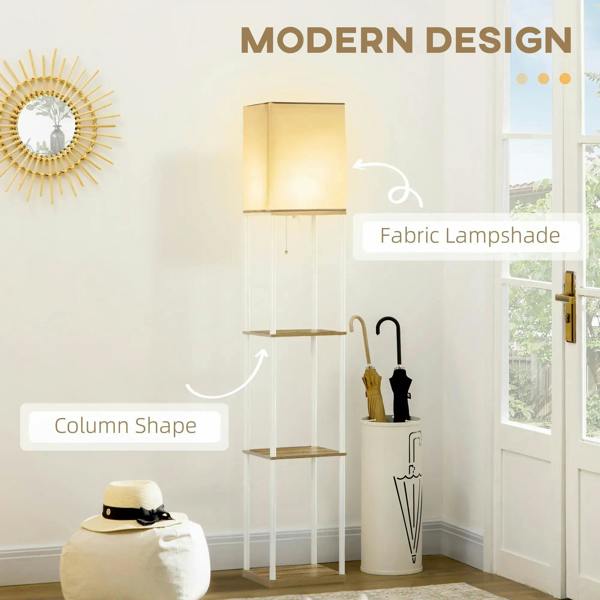 White fabric lampshade tall floor lamp with three shelves and pull chain