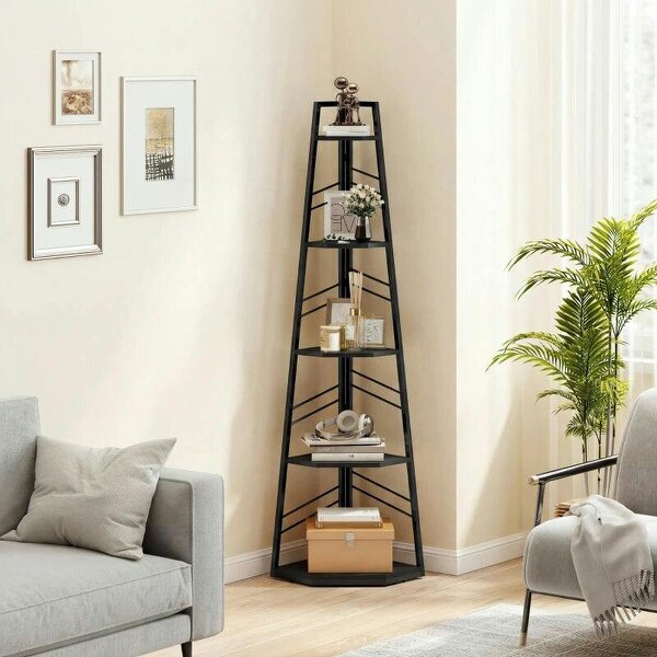 Corner Bookcase, 5-Tier Floor Standing Bookshelf, Shelving Unit for Living Room, Study, Bedroom, Black - Black