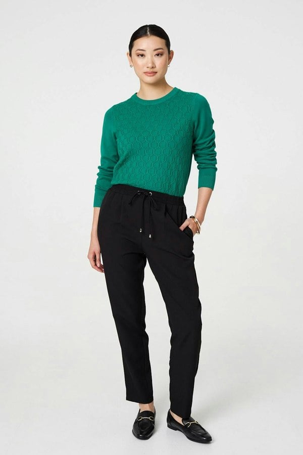 Black | Plain Drawstring Waist Slim Trousers : Model is 5'9"/175 cm and wears UK8/EU36/US4/AUS8
