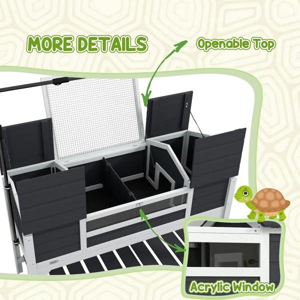 Grey wooden tortoise enclosure with openable top and acrylic window over dual chambers
