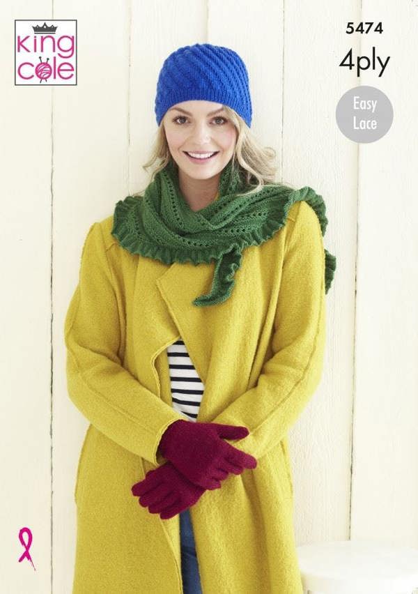 King Cole Merino Blend 4 Ply Knitting Pattern 5474, Headwear, Gloves, Scarves, Wraps for Women, One Size - Easy