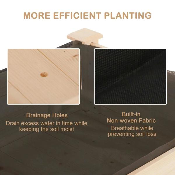 Rectangular wooden raised bed with black non-woven fabric lining and drainage holes