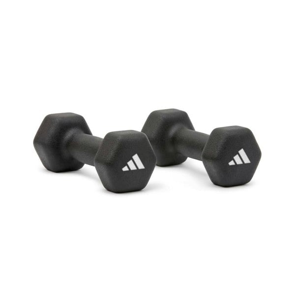 Pair of black dumbbells with Adidas logo on a white background
