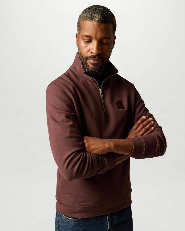 Belstaff Mens Logo Quarter Zip Sweatshirt - Oxblood | CHO | Designer Mens Quarter Zip Sweatshirts