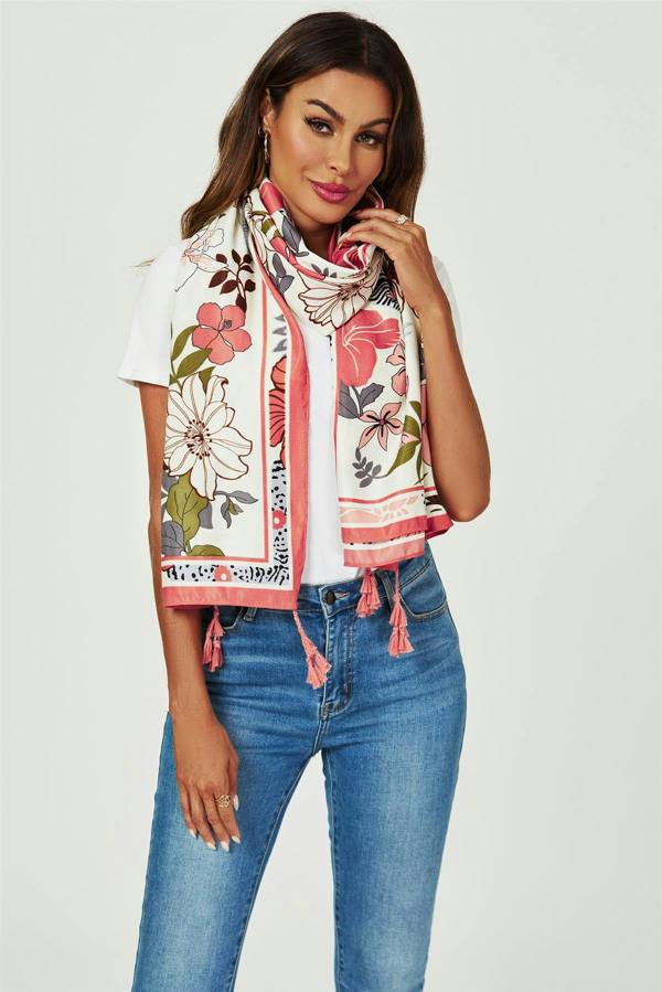 FS Collection Tropical Floral Print Tassel Scarf In Pink