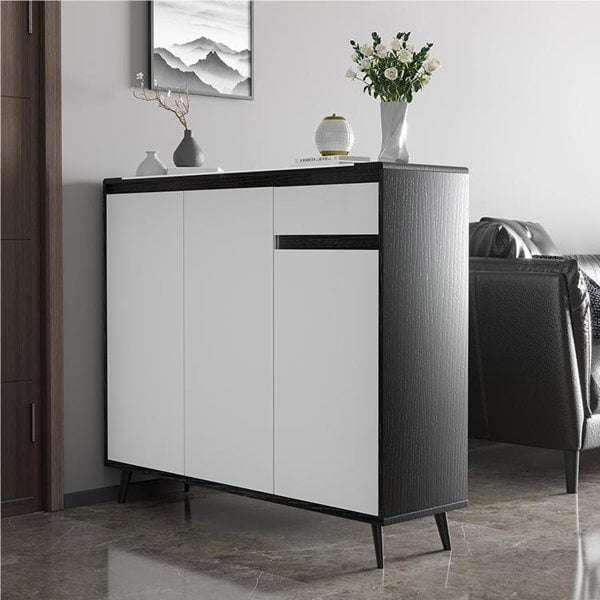 Detail view of Kamen Shoe Storage, White with shoe stack storage