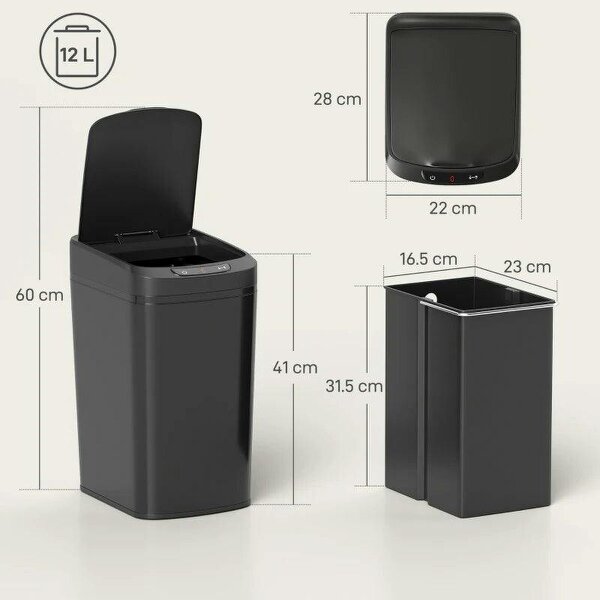12L Sensor Bin, Automatic Touchless Motion Sensor Kitchen Bin with Fingerprint Resistant Stainless Steel, Black