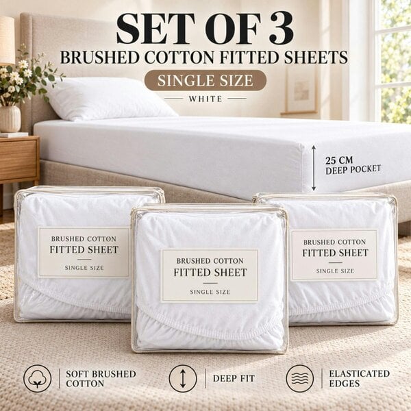 Smart Living 3 Pack Brushed Cotton Fitted Sheets – White - Single (90cm x 190cm) + 25cm Deep