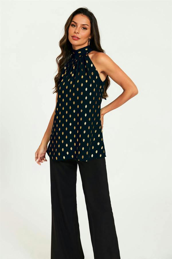 FS Collection Gold Foil Halter Neck Tie Back Top In Black