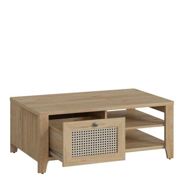 Furniture To Go Cestino Coffee Table with 1 Drawer in Jackson Hickory Oak and Rattan Effect