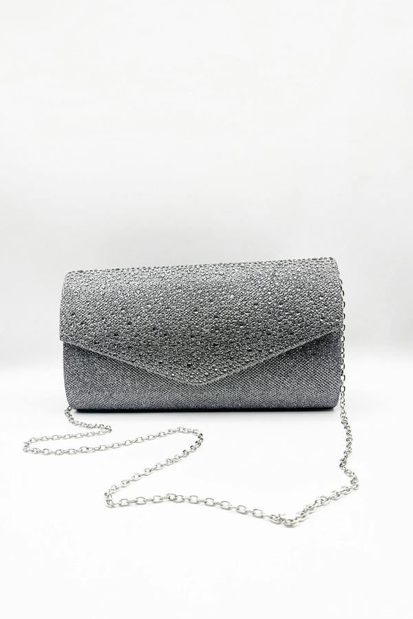SVNX Diamante Envelope Clutch Bag in Grey
