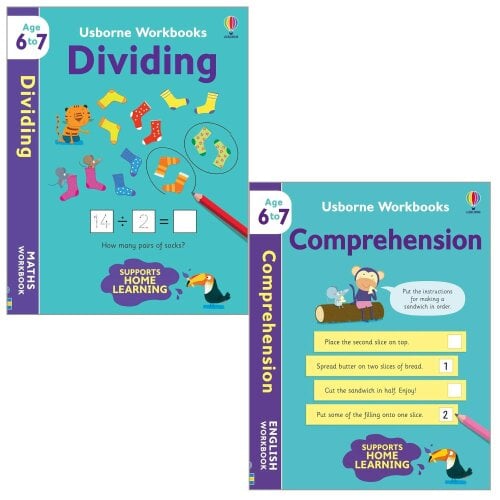 Usborne Workbooks 2 Books Collection Set Ages 6-7 (Comprehension, Dividing)