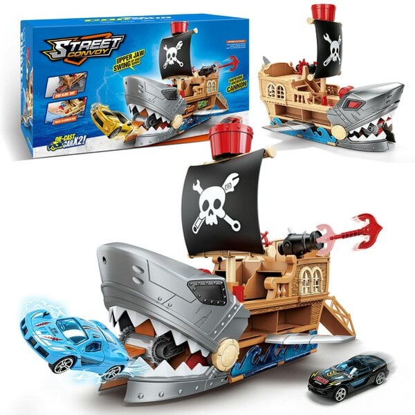 deAO Toys Shark Bite Pirate Ship Toy Set 8 Race Cars, Launch Track GREY Age 3+