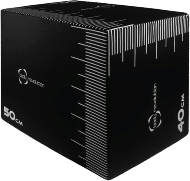 Medium Body Revolution Plyo Box in black with white measurement markings, featuring a sturdy, textured surface for safe jumping and training