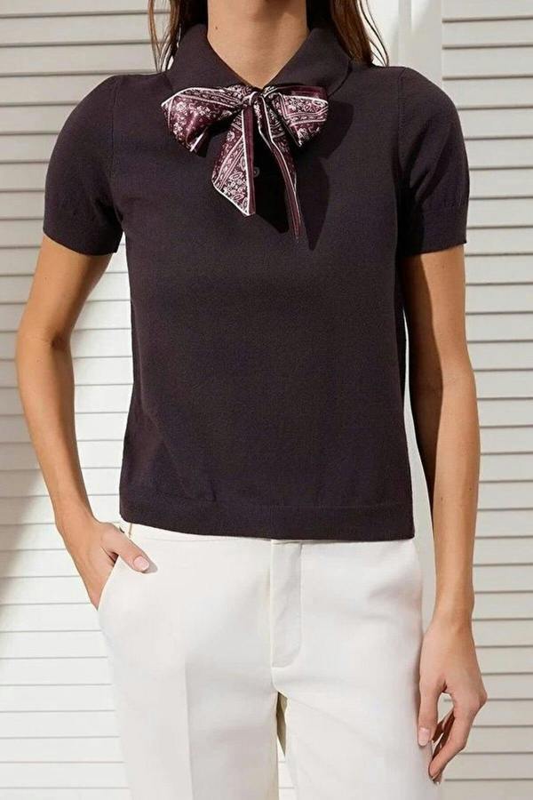 WOVCOR Scarf Detail Special Yarn Knit Blouse