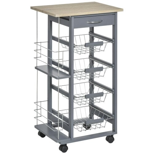 Wyld Haus Nerake Metal Grey Rolling Kitchen Cart With 4 Basket Drawers And Side Racks