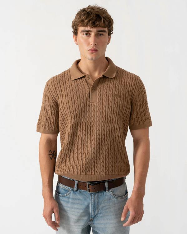 Front of Lacoste Polo Mens Short Sleeve Sweatshirt - Cookie/Green UQW