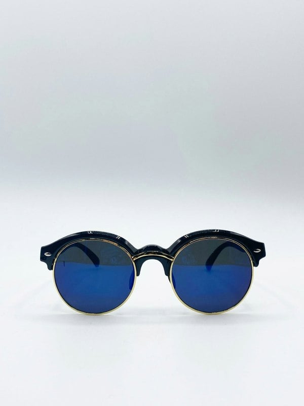 SVNX Black Round Sunglasses with Blue Revo Lenses and Gold Detail