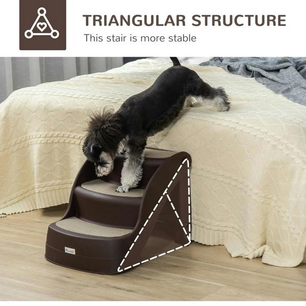 Brown 3-step dog stairs with triangular support frame and beige non-slip treads