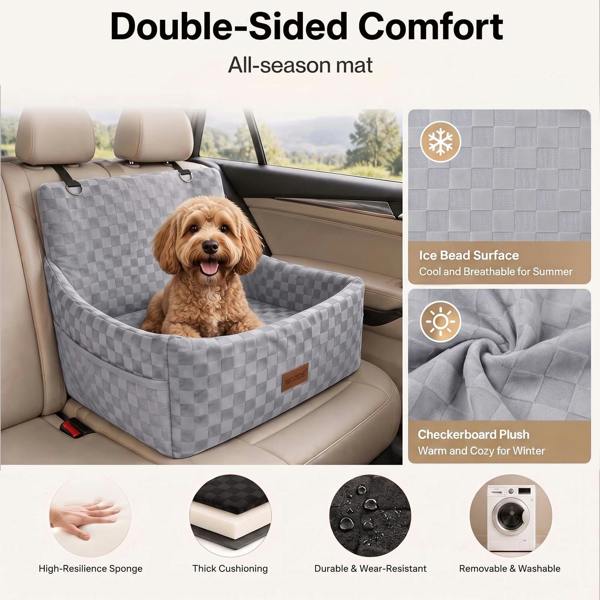 Skylos Large Dog Car Seat Booster Dual-Sided Plush Cool Bed Washable Grey