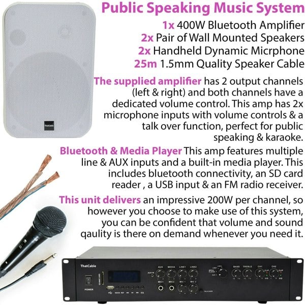 400W Bluetooth Sound System 4x White Wall Speakers School Hall Voice & Music Kit