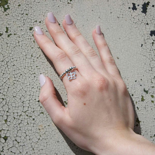 Butterfly on Silver Ball Bead Ring - MYLEE London