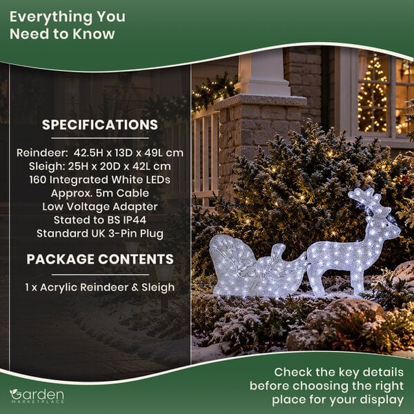 Acrylic Reindeer & Sleigh Christmas Decoration with 160 White LED Lights, Waterproof Indoor & Outdoor Display, 5m Cable