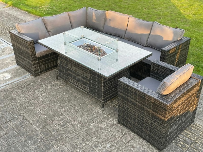 Fimous Outdoor Corner Rattan Garden Furniture Set Gas Fire Pit Table Sets Gas Heater Lounge Chair Dark Grey 7 Seater