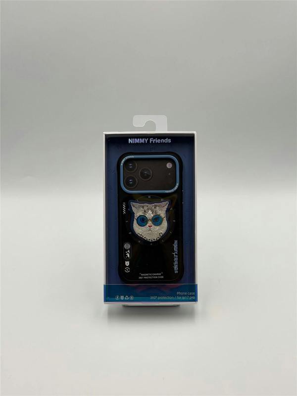 Nimmy Friends Nimmy Glass Cool Cat Face Case with Detachable MagSafe Grip Stand for iPhone 17 Pro 6.3" Black Blue - N-YJKM-CXZJ-IP17-PRO-03