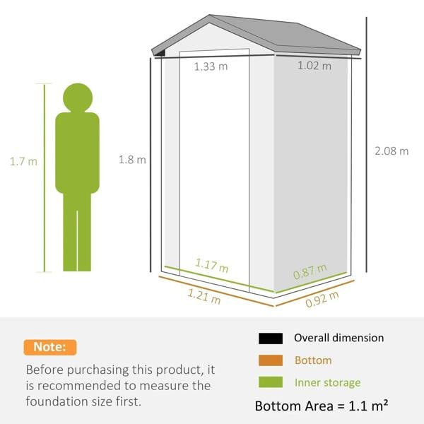 Grey wall shed size diagram with overall height and footprint