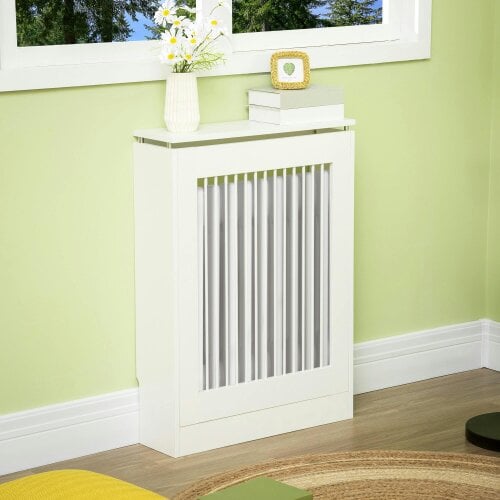 HOMCOM Radiator Cover Vertical Slatted MDF Steel for Heat Circulation White