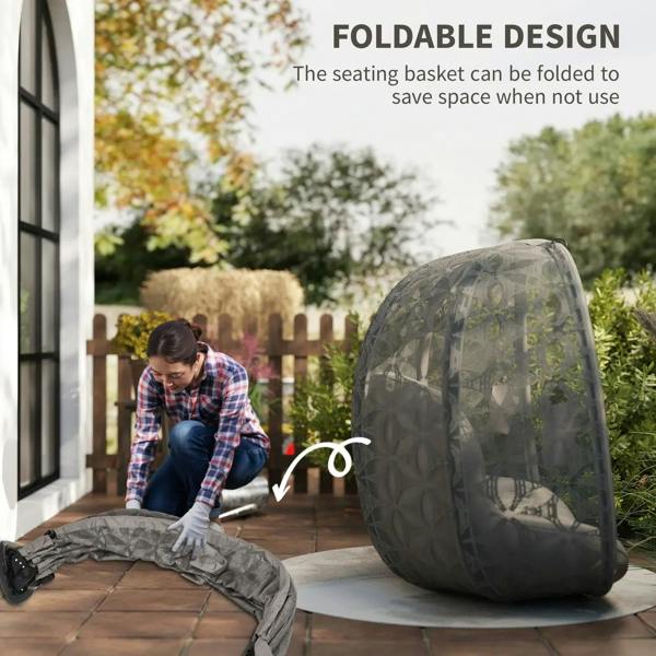 Outdoor hanging chair with transparent canopy shell and padded seat cushion on stand