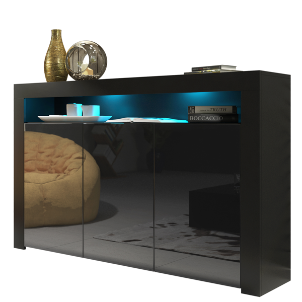 Mex Furniture 155cm Sideboard TV Stand Cupboard Cabinet – Black High Gloss Doors with Free LED