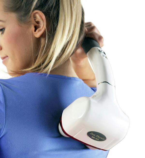 A woman in a blue shirt uses the Reviber Zen Physio Deep Tissue Massager by Reviber on her upper back and shoulder, holding it with one hand against a white background for effective muscle pain relief.
