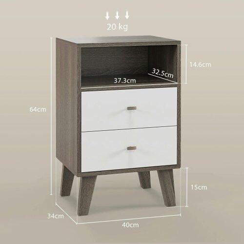 Wyld Haus Cosana Grey and White Scandinavian Bedside Table With Drawers And Open Shelf