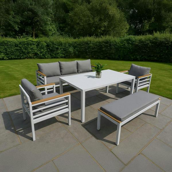 Shatchi 5-Piece Aluminium Outdoor Sofa Set with Bench, Table & Cushions
