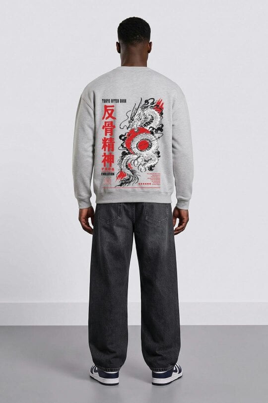 London Attitude Oversized Tokyo After Dark Dragon Sweatshirt - Heather Grey