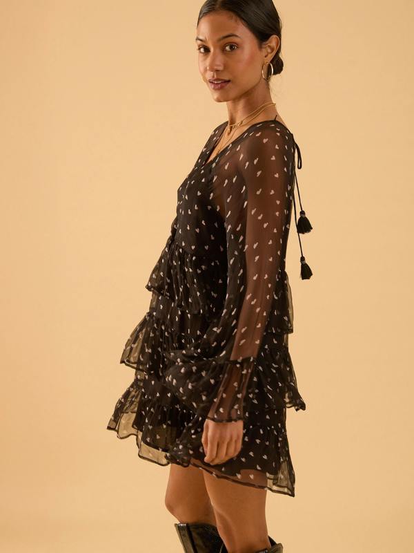 Rose & Nancy Evie Heart Black Heart Print Tiered Mini Dress